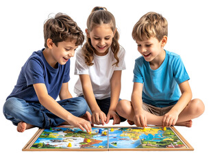 Group of children playing educational board game, isolated on a transparent background