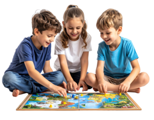 Group of children playing educational board game, isolated on a transparent background