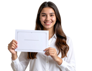 Girl holding certificate with pride, isolated on a transparent background