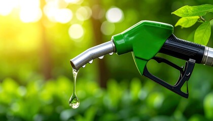 Ecofriendly fuel concept green pump with a drop in natural green environment.