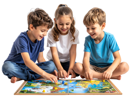Group of children playing educational board game, isolated on a transparent background