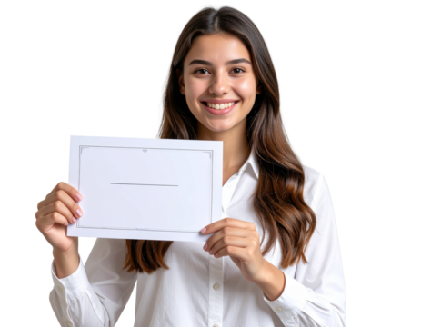 Girl holding certificate with pride, isolated on a transparent background