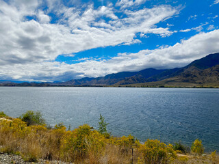 Beautiful View of LakeAviemore and mountain in South Island , New Zealand 2023 Mar.4