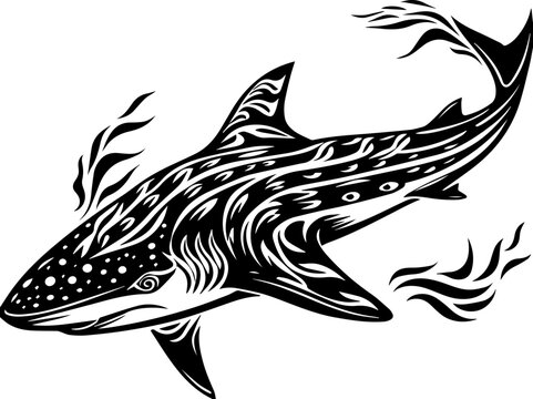 SVG illustrating marine life protection with ocean creatures and conservation themes. Black and White Artistic Shark Design with Intricate Patterns