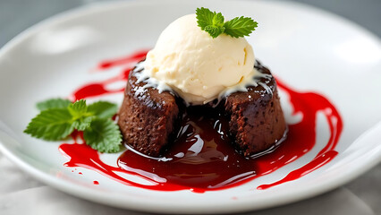 Delectable chocolate lava cake topped with vanilla ice cream and fresh mint on a pristine white plate offering a sweet indulgence.