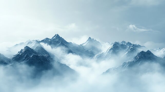 Mountain Range Peaks Emerging Through Thick Fog