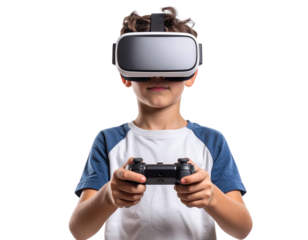 Boy wearing VR headset for virtual classroom, isolated on a transparent background