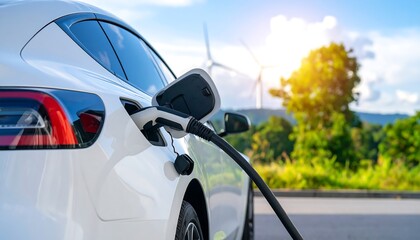 Electric Car Charging with Renewable Energy Future, and EcoFriendly Vehicle Wind Turbines.