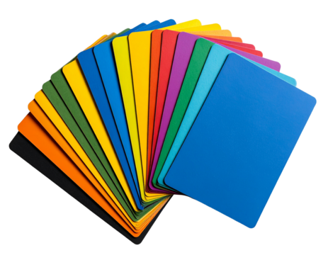 Stack of colorful flashcards for language learning, isolated on a transparent background