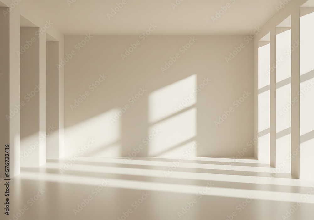 Poster empty room with sunlight streaming through windows, creating shadows on the floor and walls. minimal