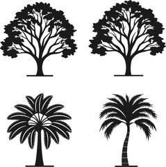 Obraz premium Collection of Four Black and White Tree Silhouettes Oak and Palm Trees