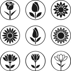 Elegant Black and White Flower Icons Rose, Tulip, Sunflower, Lotus Designs