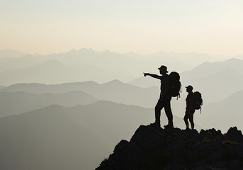 Fototapeta premium Hikers Pointing to Misty Mountain Range at Sunrise. Generative Ai