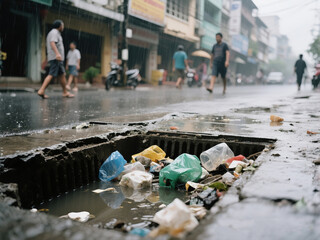 Plastic Waste Blocking Street Drain in Rainy Urban Area