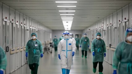 Healthcare workers in protective gear walking down hospital corridor during pandemic