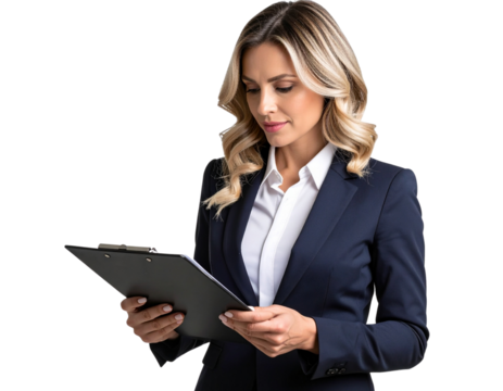 Female teacher with clipboard checking attendance, isolated on a transparent background