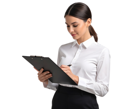 Female teacher with clipboard checking attendance, isolated on a transparent background