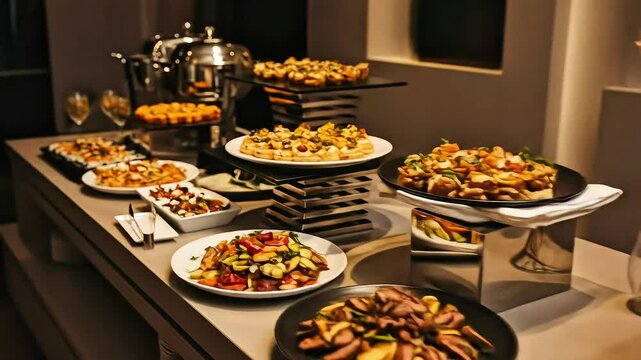 Elegant buffet spread featuring a variety of gourmet appetizers and salads at a lavish event