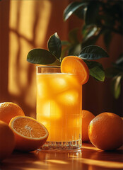 Fresh Orange Juice Photography: Glass with Citrus Slices on Gradient Background for Summer Beverage Promotions