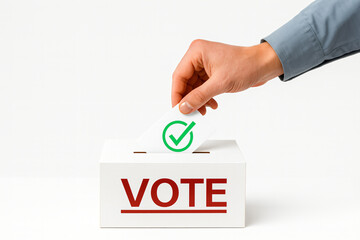 a male hand putting vote into a ballot box, Generative ai