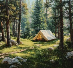 A sunlit forest clearing reveals a canvas tent pitched amidst tall pines and rocks, a tranquil path leading to it