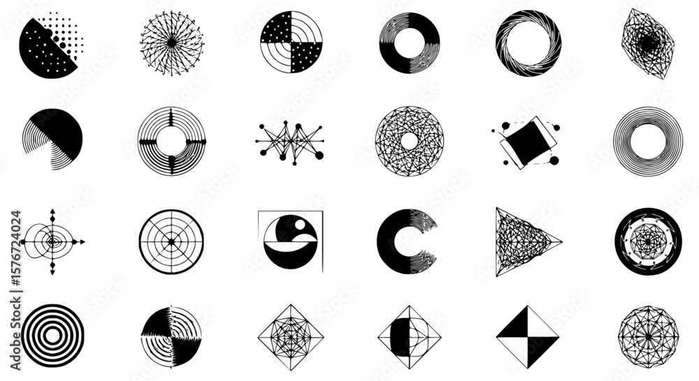 Poster geometric shapes and patterns collection showing design elements in black and white for abstract con