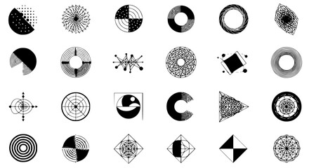 Geometric shapes and patterns collection showing design elements in black and white for abstract concepts