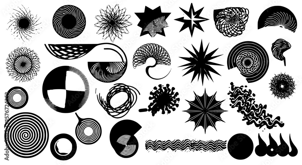 Poster collection of black and white abstract elements shows different shapes for design needs, art and cre