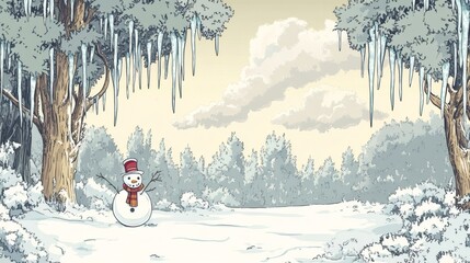 A snowman stands in a snowy forest with trees and icicles