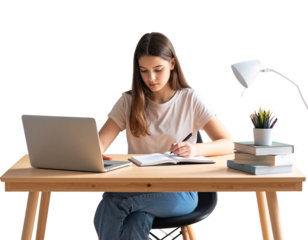 Girl sitting at desk using laptop and taking notes, isolated on a transparent background