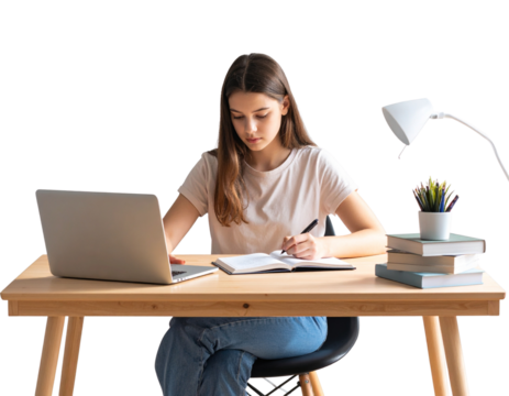 Girl sitting at desk using laptop and taking notes, isolated on a transparent background
