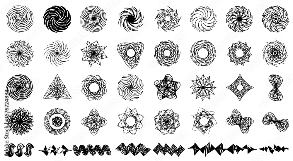 Poster array of geometric spiral shapes offers a decorative black and white design element, perfect for a v