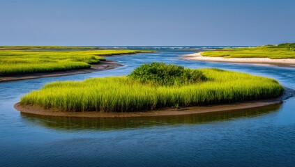 Serene coastal inlet with a heart-shaped island of vibrant green marsh grass