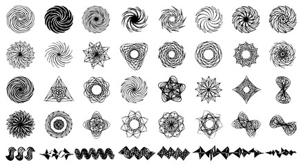 Array of geometric spiral shapes offers a decorative black and white design element, perfect for a variety of creative projects and background applications.