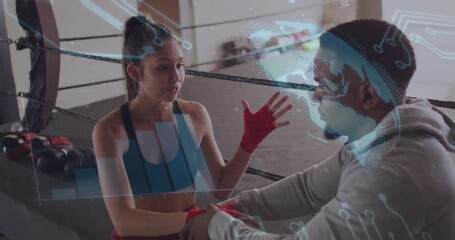 Boxer raising wrap, coach securing red wraps as holographic metrics displaying for boxing training - Powered by Adobe