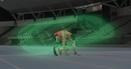 Runner activating hologram mapping sprint path on track while adjusting blade and catching breath - Powered by Adobe