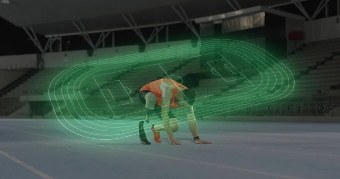 Runner activating hologram mapping sprint path on track while adjusting blade and catching breath - Powered by Adobe