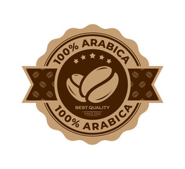 100% arabica coffee badge premium quality. Coffee beans with Circle label and ribbon. For logo, symbol, sign, icon, seal, tag, stamp, emblem. Vector Illustration