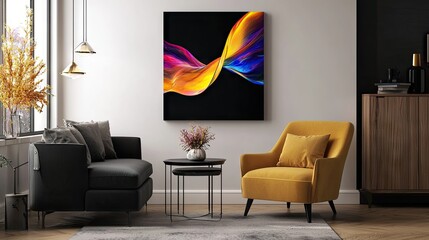 Abstract art piece displayed in a modern living area.