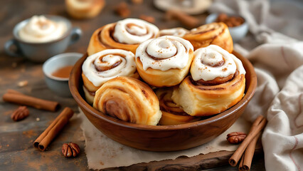 Delightful cinnamon rolls piled high in a rustic wooden bowl, perfect for a warm breakfast or sweet dessert treat featuring frosted icing and spice.