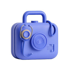 A 3D-rendered blue medical bag with stethoscope