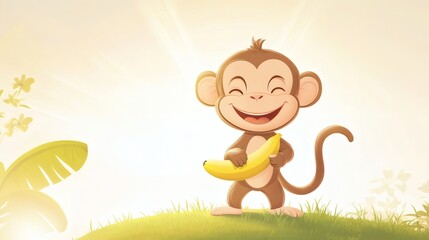 A smiling cartoon monkey happily holds a ripe yellow banana