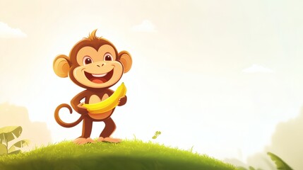 A Smiling Cartoon Monkey Standing on a Green Hillside with Banana
