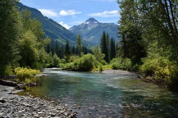 Obraz premium Serene river flows through a lush valley, clear water reflecting the sky, mountains rising in the background under a partly cloudy sky