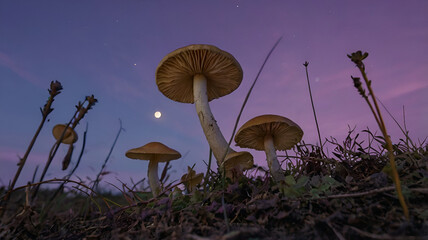 spiraling mushrooms under a purple sky and two moons