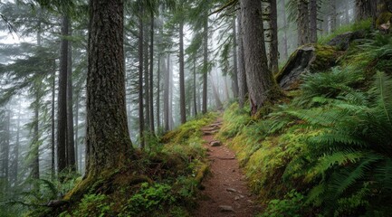 Obraz premium A misty forest trail winds uphill, flanked by lush ferns and towering evergreens. The path is earthy and well-worn, disappearing into the fog