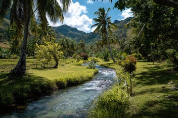 Obraz premium Serene stream meanders through lush tropical valley, framed by palm trees and verdant foliage under a bright sky