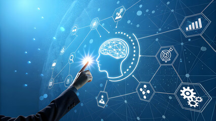 Finger touching brain icon in digital network interface