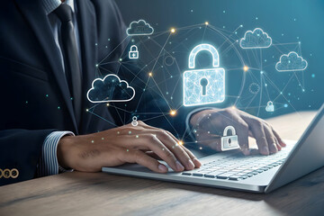 Man typing on laptop with cloud and lock icons overlay