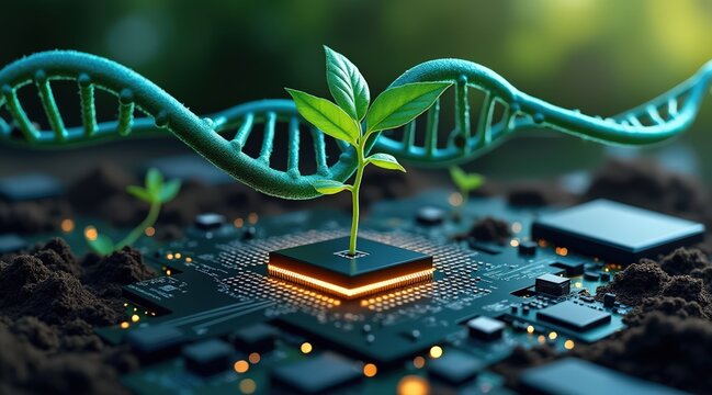 startup seed technology concept. A plant growing on a computer chip with a DNA strand in the background.
